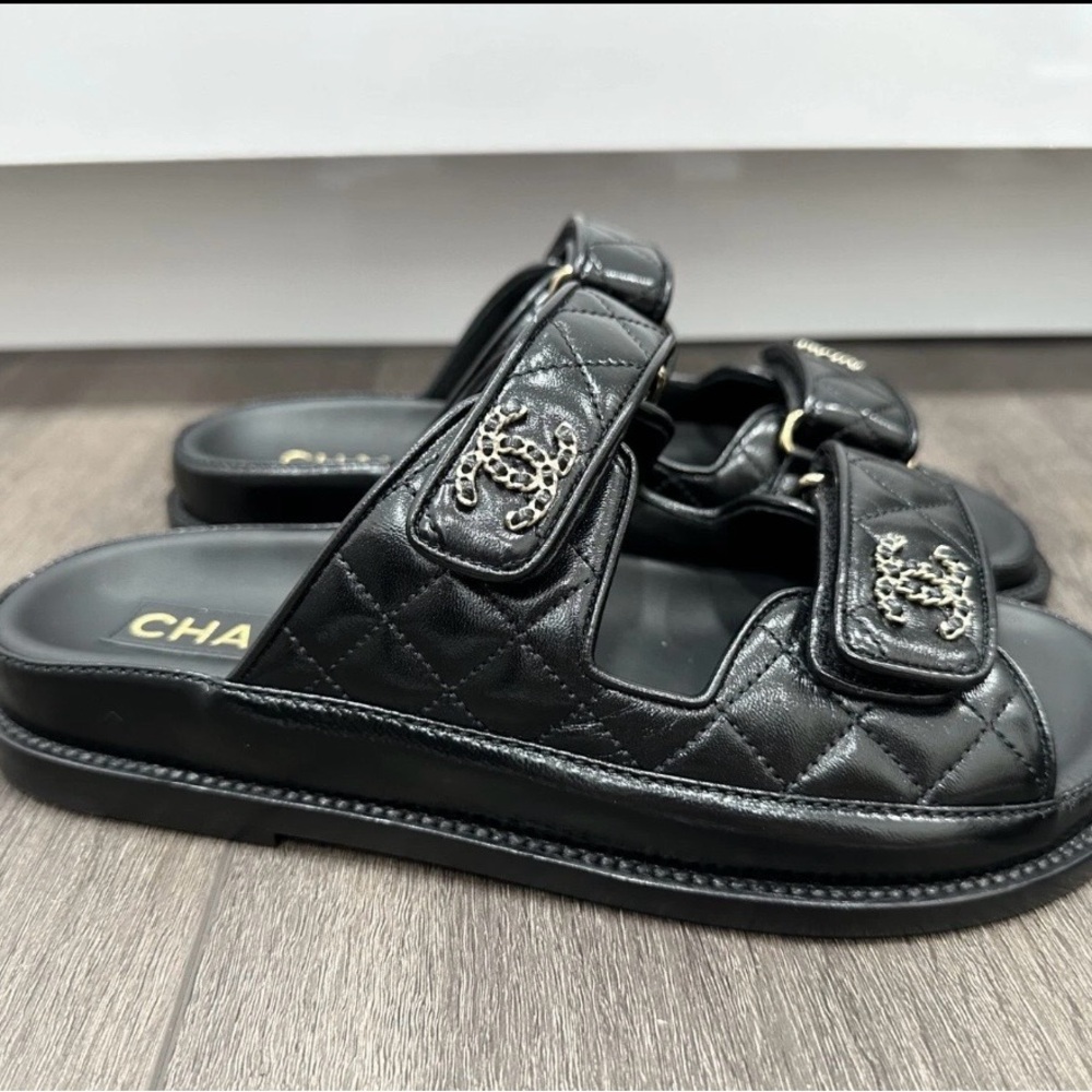 CHANEL Black Quilted Leather Double-Strap Slide Sandals with CC Hardware Size 7